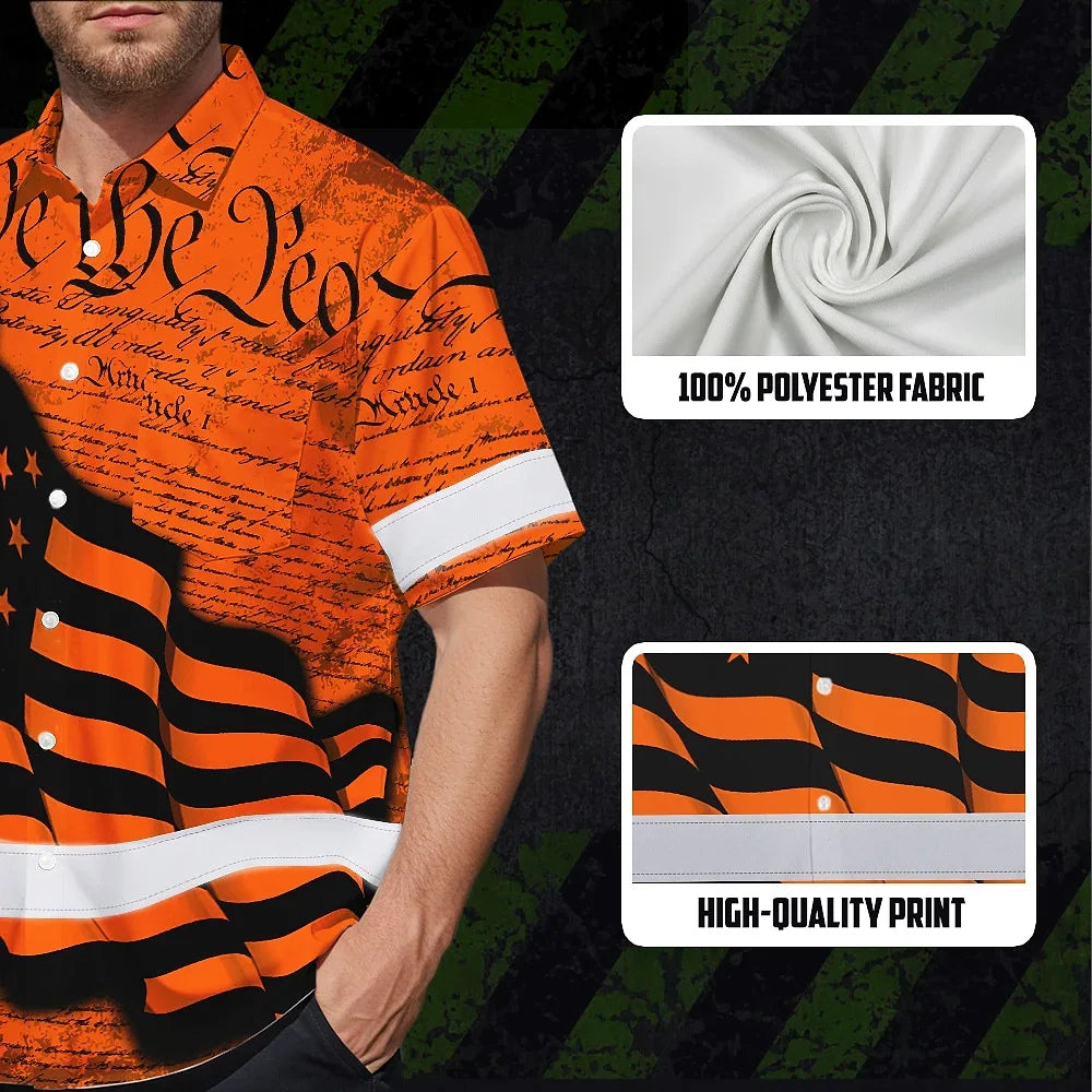 Hi Vis Hawaiian American Flag Shirt, Orange Neon Custom Name Reflective Short Sleeve Button-up Safety Shirt for Workers