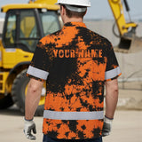 Hi Vis Hawaiian American Flag Shirt, Orange Neon Custom Name Reflective Short Sleeve Button-up Safety Shirt for Workers
