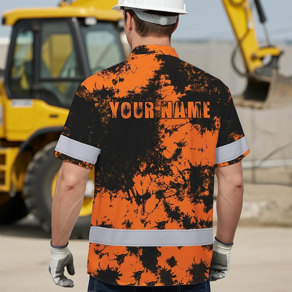 Hi Vis Hawaiian American Flag Shirt, Orange Neon Custom Name Reflective Short Sleeve Button-up Safety Shirt for Workers