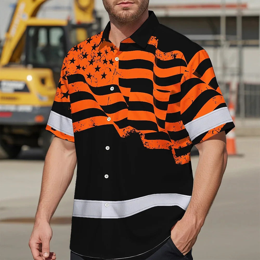 Hi Vis Hawaiian American Flag Shirt, Orange Neon Custom Name Reflective Short Sleeve Button-up Safety Shirt for Workers