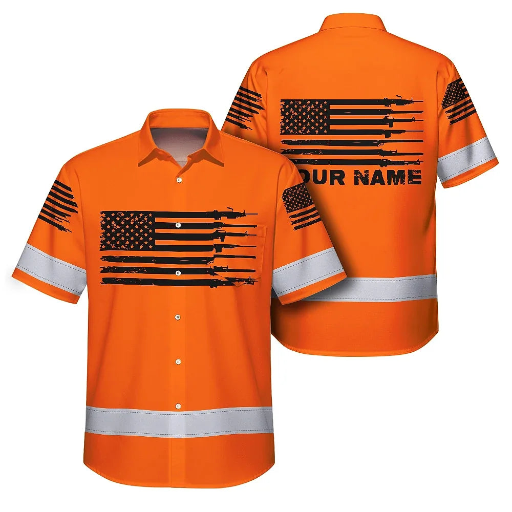 Hi Vis Hawaiian American Flag Shirt, Orange Neon Custom Name Reflective Short Sleeve Button-up Safety Shirt for Workers