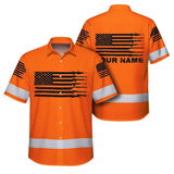 Hi Vis Hawaiian American Flag Shirt, Orange Neon Custom Name Reflective Short Sleeve Button-up Safety Shirt for Workers