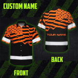 Hi Vis Hawaiian American Flag Shirt, Orange Neon Custom Name Reflective Short Sleeve Button-up Safety Shirt for Workers