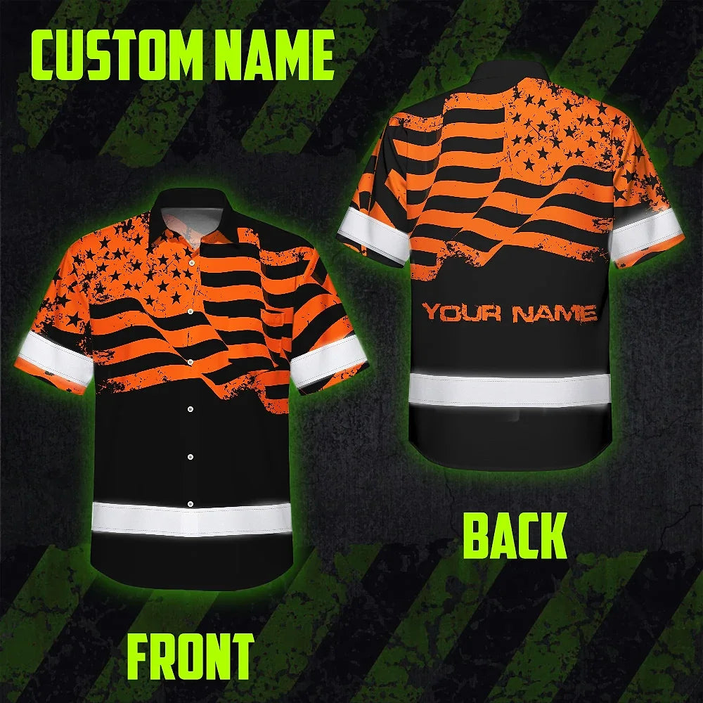 Hi Vis Hawaiian American Flag Shirt, Orange Neon Custom Name Reflective Short Sleeve Button-up Safety Shirt for Workers