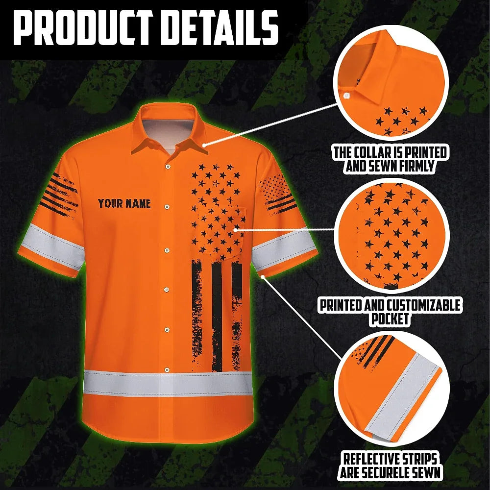 Hi Vis Hawaiian American Flag Shirt, Orange Neon Custom Name Reflective Short Sleeve Button-up Safety Shirt for Workers