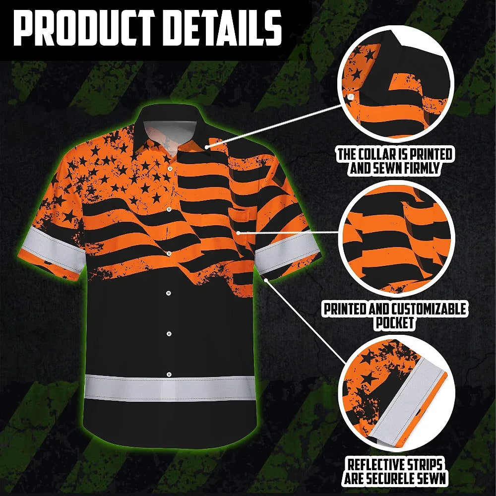 Hi Vis Hawaiian American Flag Shirt, Orange Neon Custom Name Reflective Short Sleeve Button-up Safety Shirt for Workers