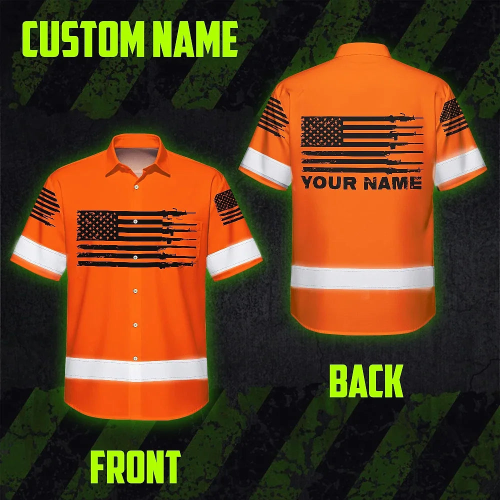Hi Vis Hawaiian American Flag Shirt, Orange Neon Custom Name Reflective Short Sleeve Button-up Safety Shirt for Workers