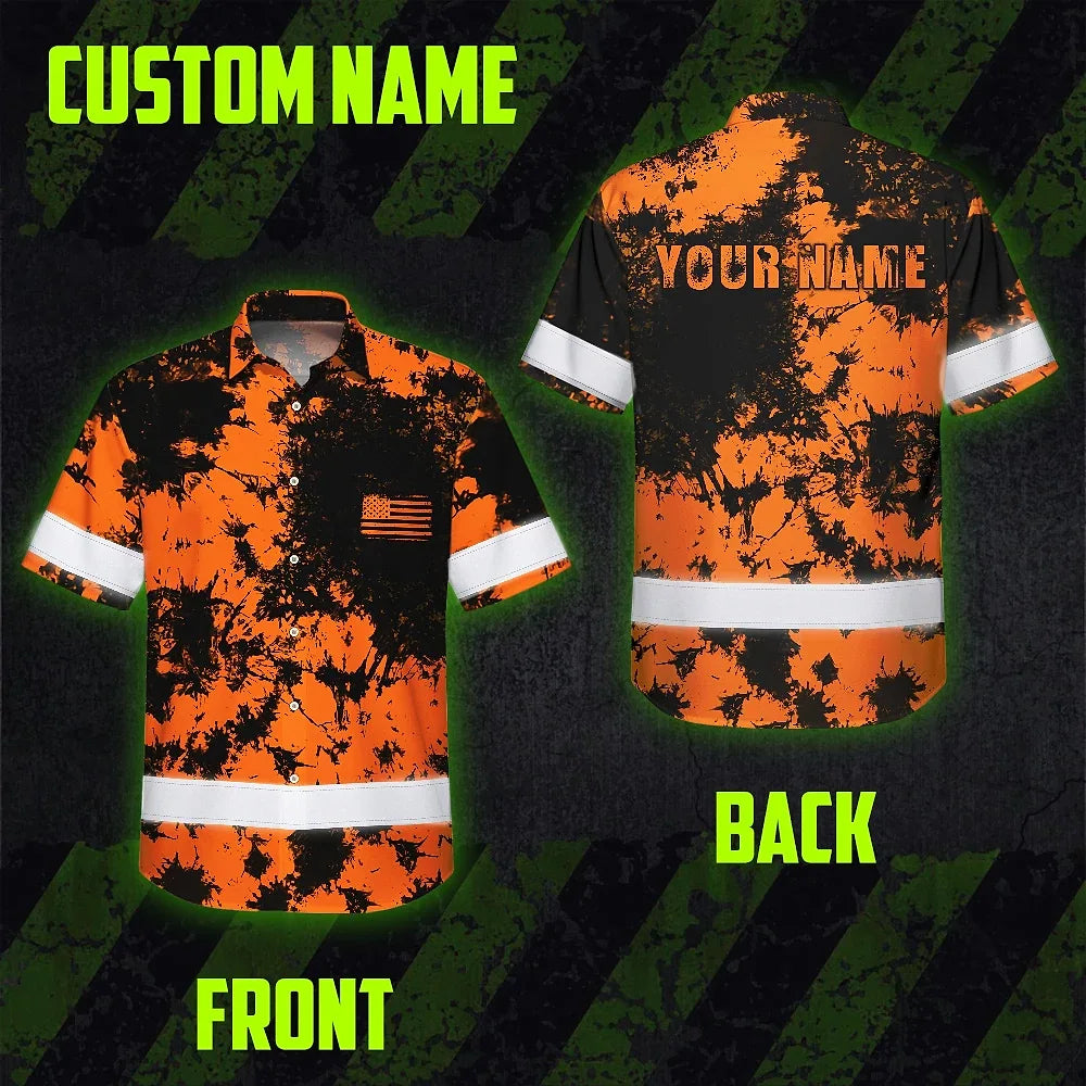Hi Vis Hawaiian American Flag Shirt, Orange Neon Custom Name Reflective Short Sleeve Button-up Safety Shirt for Workers