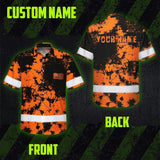 Hi Vis Hawaiian American Flag Shirt, Orange Neon Custom Name Reflective Short Sleeve Button-up Safety Shirt for Workers