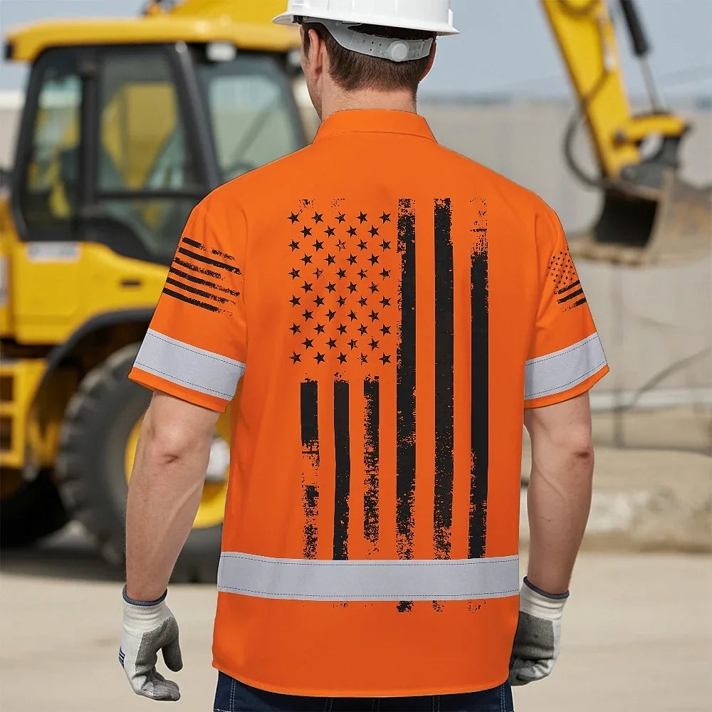 Hi Vis Hawaiian American Flag Shirt, Orange Neon Custom Name Reflective Short Sleeve Button-up Safety Shirt for Workers