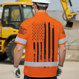Hi Vis Hawaiian American Flag Shirt, Orange Neon Custom Name Reflective Short Sleeve Button-up Safety Shirt for Workers