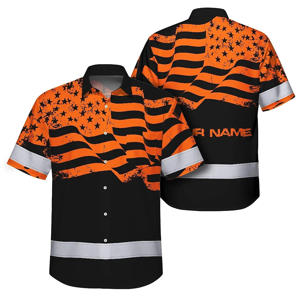 Hi Vis Hawaiian American Flag Shirt, Orange Neon Custom Name Reflective Short Sleeve Button-up Safety Shirt for Workers