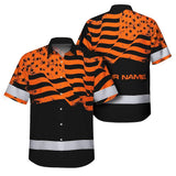 Hi Vis Hawaiian American Flag Shirt, Orange Neon Custom Name Reflective Short Sleeve Button-up Safety Shirt for Workers