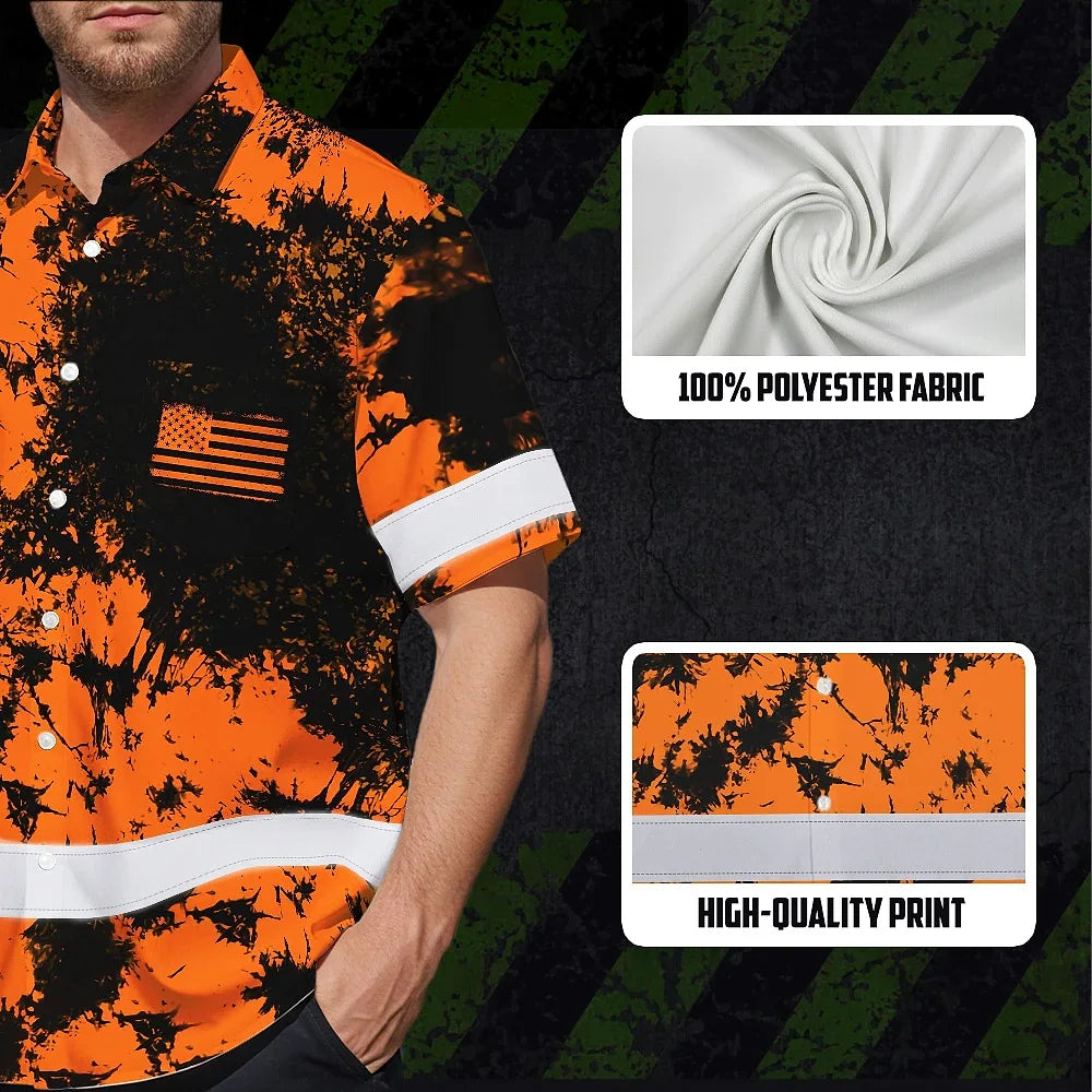 Hi Vis Hawaiian American Flag Shirt, Orange Neon Custom Name Reflective Short Sleeve Button-up Safety Shirt for Workers
