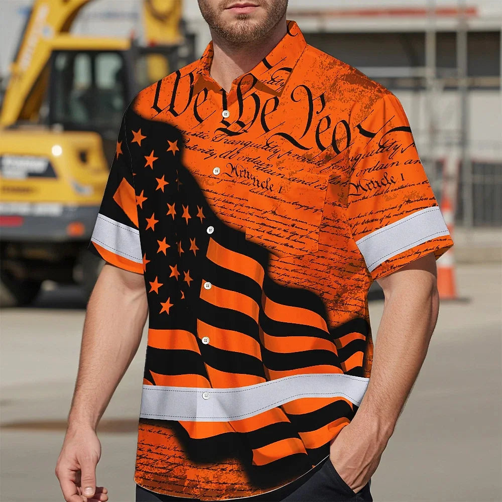 Hi Vis Hawaiian American Flag Shirt, Orange Neon Custom Name Reflective Short Sleeve Button-up Safety Shirt for Workers
