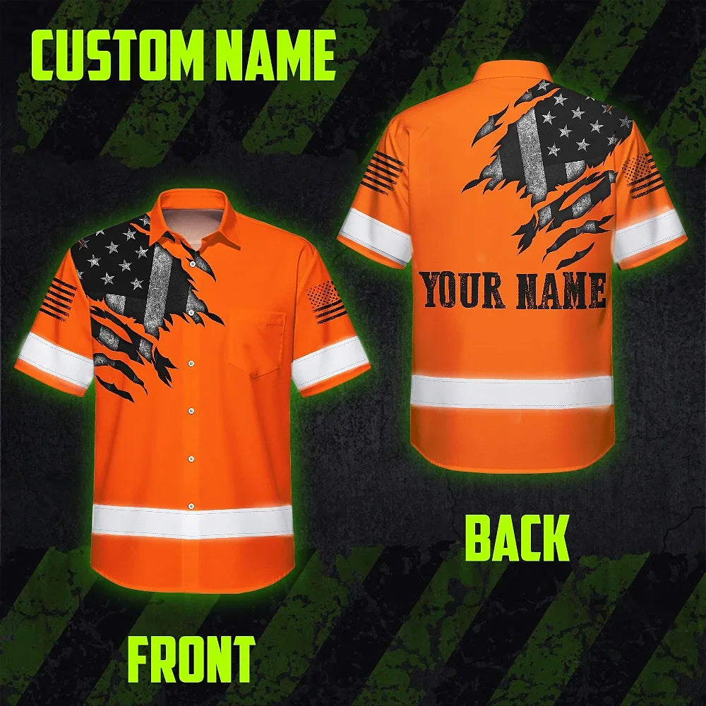 Hi Vis Hawaiian American Flag Shirt, Orange Neon Custom Name Reflective Short Sleeve Button-up Safety Shirt for Workers
