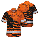 Hi Vis Hawaiian American Flag Shirt, Orange Neon Custom Name Reflective Short Sleeve Button-up Safety Shirt for Workers