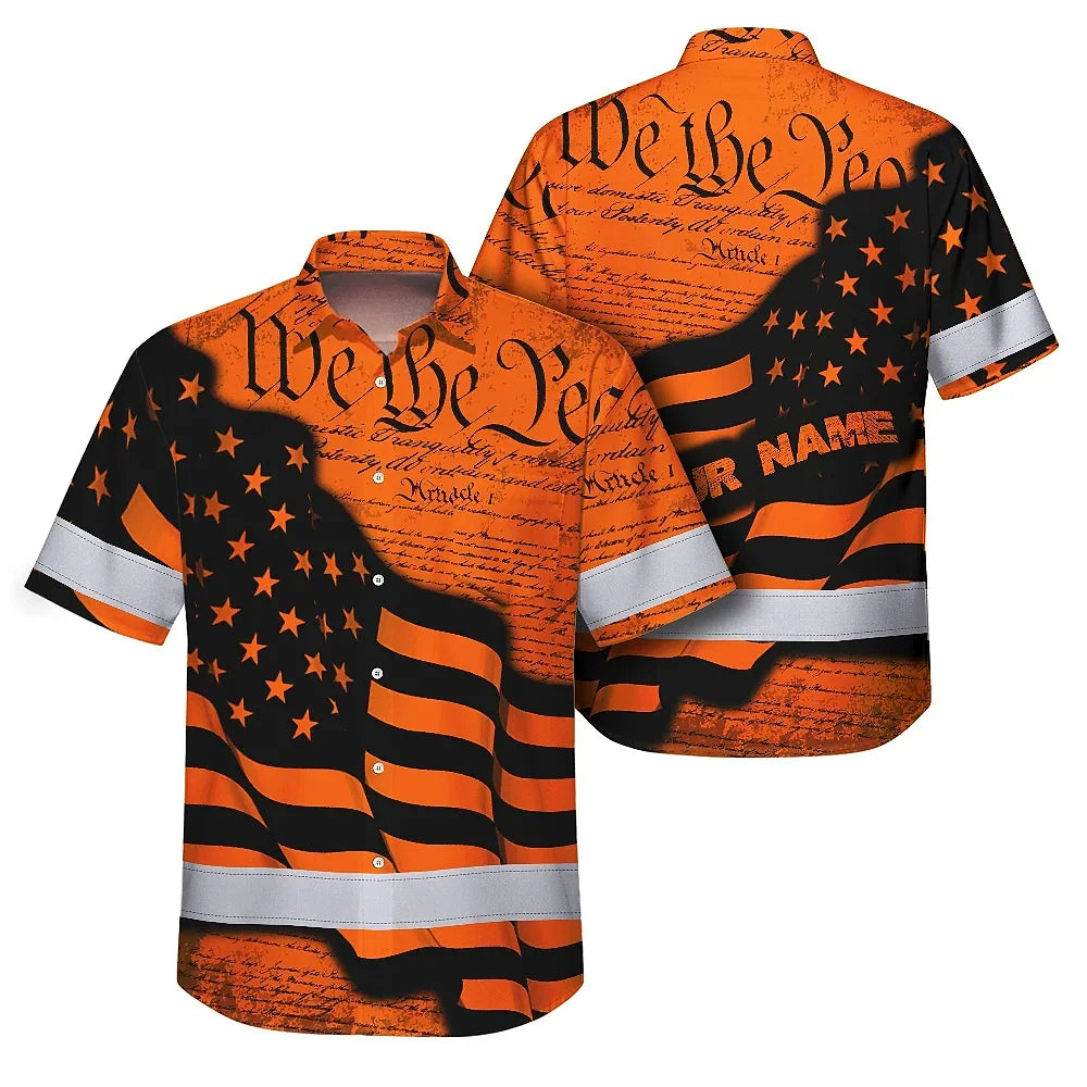 Hi Vis Hawaiian American Flag Shirt, Orange Neon Custom Name Reflective Short Sleeve Button-up Safety Shirt for Workers