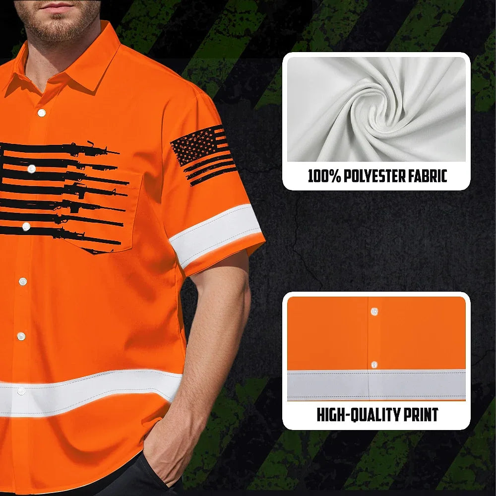 Hi Vis Hawaiian American Flag Shirt, Orange Neon Custom Name Reflective Short Sleeve Button-up Safety Shirt for Workers