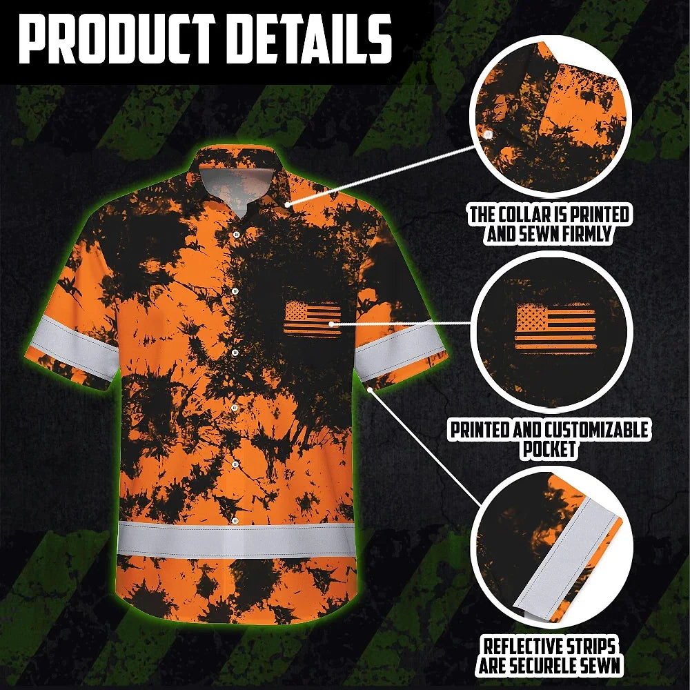 Hi Vis Hawaiian American Flag Shirt, Orange Neon Custom Name Reflective Short Sleeve Button-up Safety Shirt for Workers