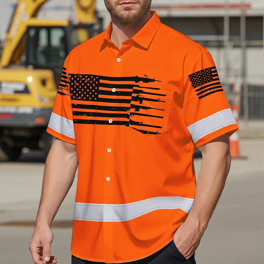 Hi Vis Hawaiian American Flag Shirt, Orange Neon Custom Name Reflective Short Sleeve Button-up Safety Shirt for Workers