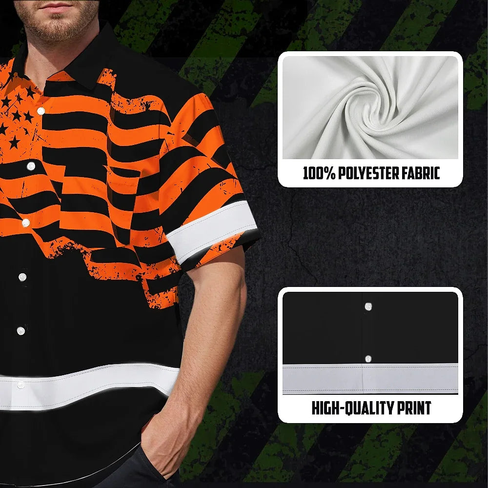 Hi Vis Hawaiian American Flag Shirt, Orange Neon Custom Name Reflective Short Sleeve Button-up Safety Shirt for Workers