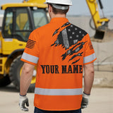 Hi Vis Hawaiian American Flag Shirt, Orange Neon Custom Name Reflective Short Sleeve Button-up Safety Shirt for Workers