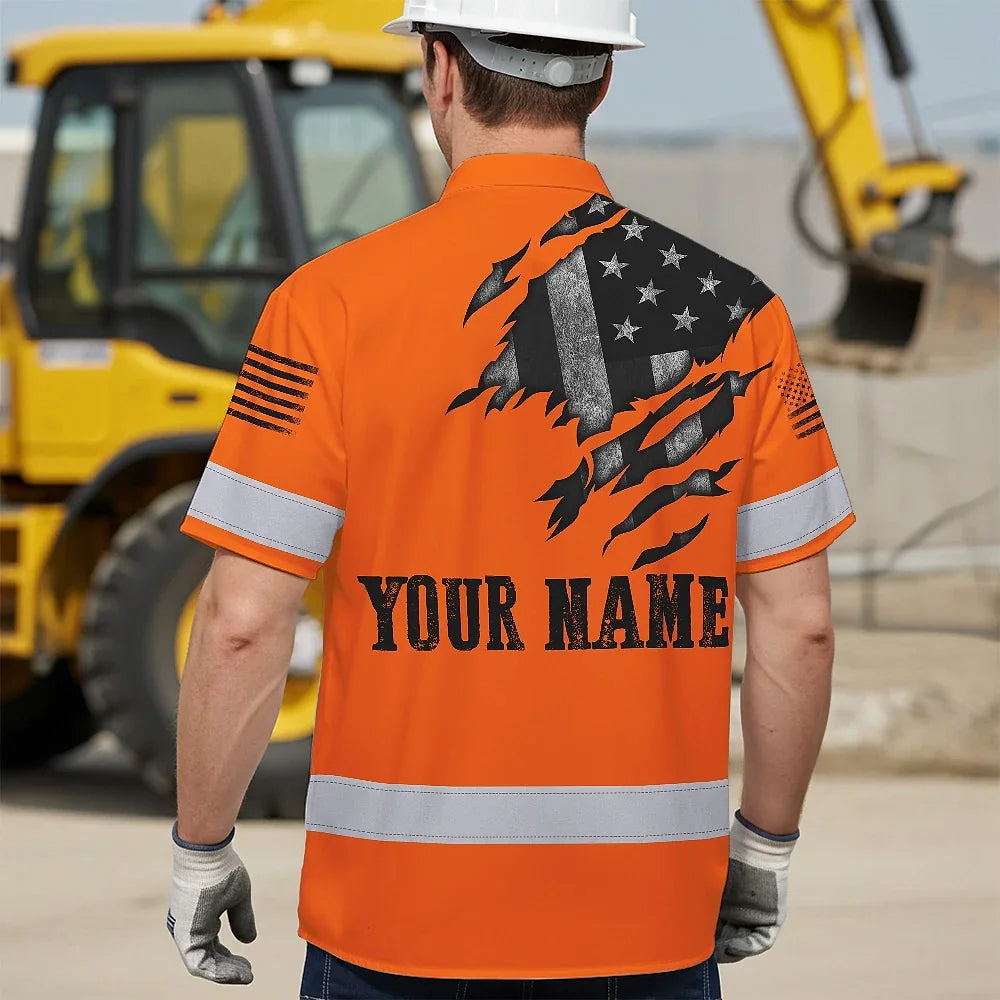 Hi Vis Hawaiian American Flag Shirt, Orange Neon Custom Name Reflective Short Sleeve Button-up Safety Shirt for Workers
