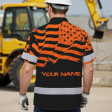 Hi Vis Hawaiian American Flag Shirt, Orange Neon Custom Name Reflective Short Sleeve Button-up Safety Shirt for Workers