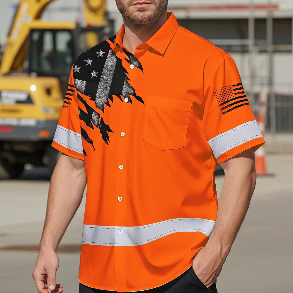 Hi Vis Hawaiian American Flag Shirt, Orange Neon Custom Name Reflective Short Sleeve Button-up Safety Shirt for Workers
