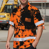 Hi Vis Hawaiian American Flag Shirt, Orange Neon Custom Name Reflective Short Sleeve Button-up Safety Shirt for Workers
