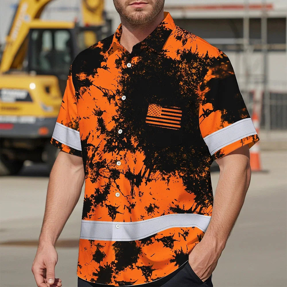 Hi Vis Hawaiian American Flag Shirt, Orange Neon Custom Name Reflective Short Sleeve Button-up Safety Shirt for Workers