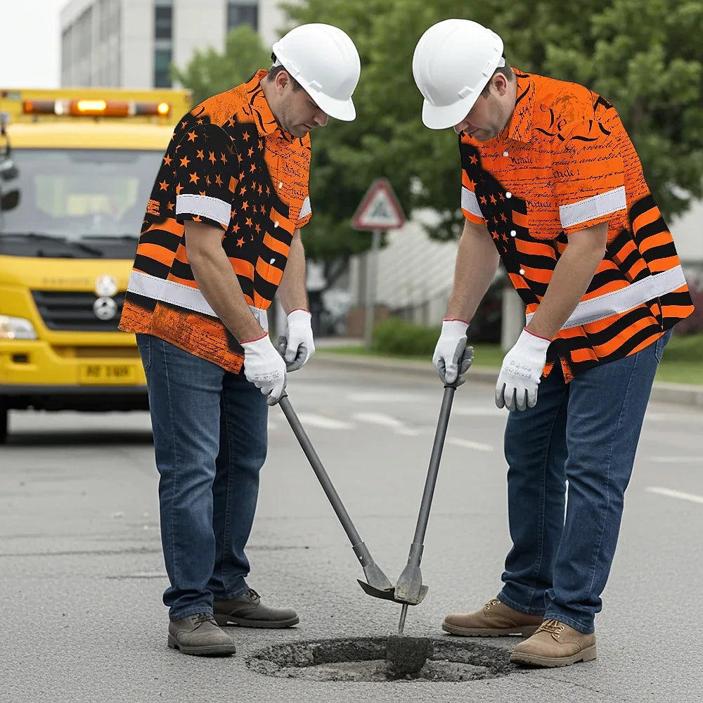 Hi Vis Hawaiian American Flag Shirt, Orange Neon Custom Name Reflective Short Sleeve Button-up Safety Shirt for Workers