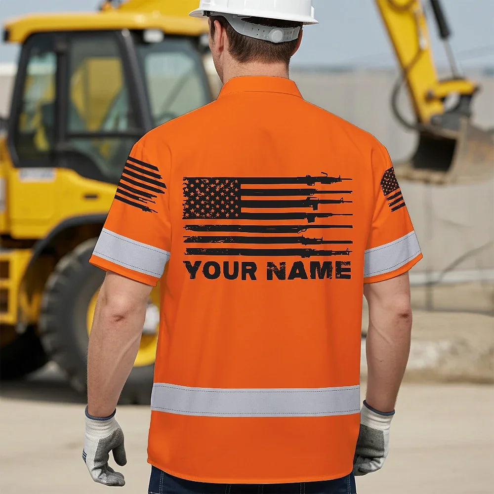 Hi Vis Hawaiian American Flag Shirt, Orange Neon Custom Name Reflective Short Sleeve Button-up Safety Shirt for Workers