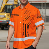Hi Vis Hawaiian American Flag Shirt, Orange Neon Custom Name Reflective Short Sleeve Button-up Safety Shirt for Workers