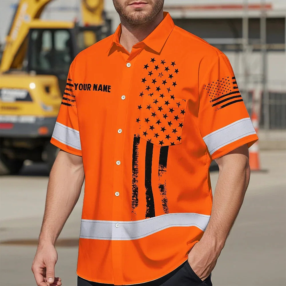 Hi Vis Hawaiian American Flag Shirt, Orange Neon Custom Name Reflective Short Sleeve Button-up Safety Shirt for Workers