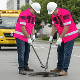 Hi Vis Hawaiian American Flag Shirt, Pink Neon Custom Name Reflective Short Sleeve Button-up Safety Shirt for Workers