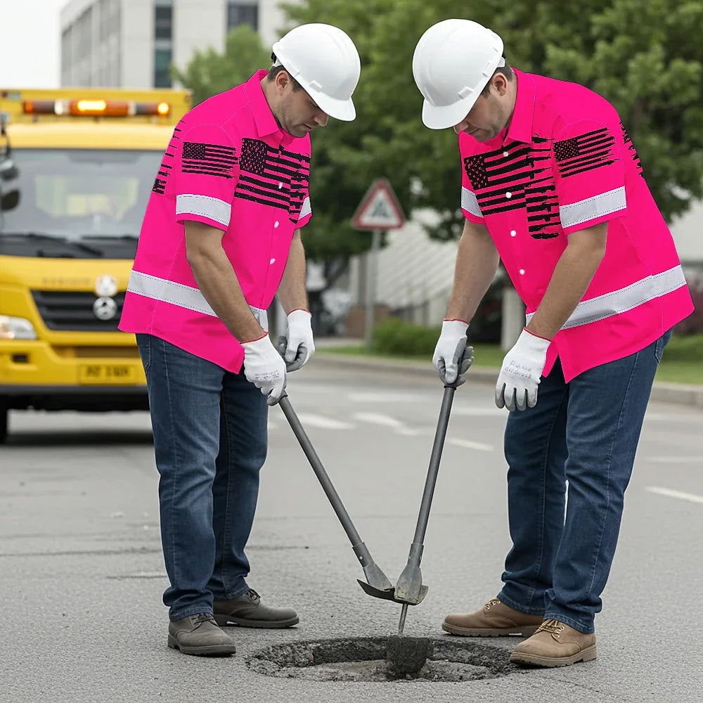 Hi Vis Hawaiian American Flag Shirt, Pink Neon Custom Name Reflective Short Sleeve Button-up Safety Shirt for Workers