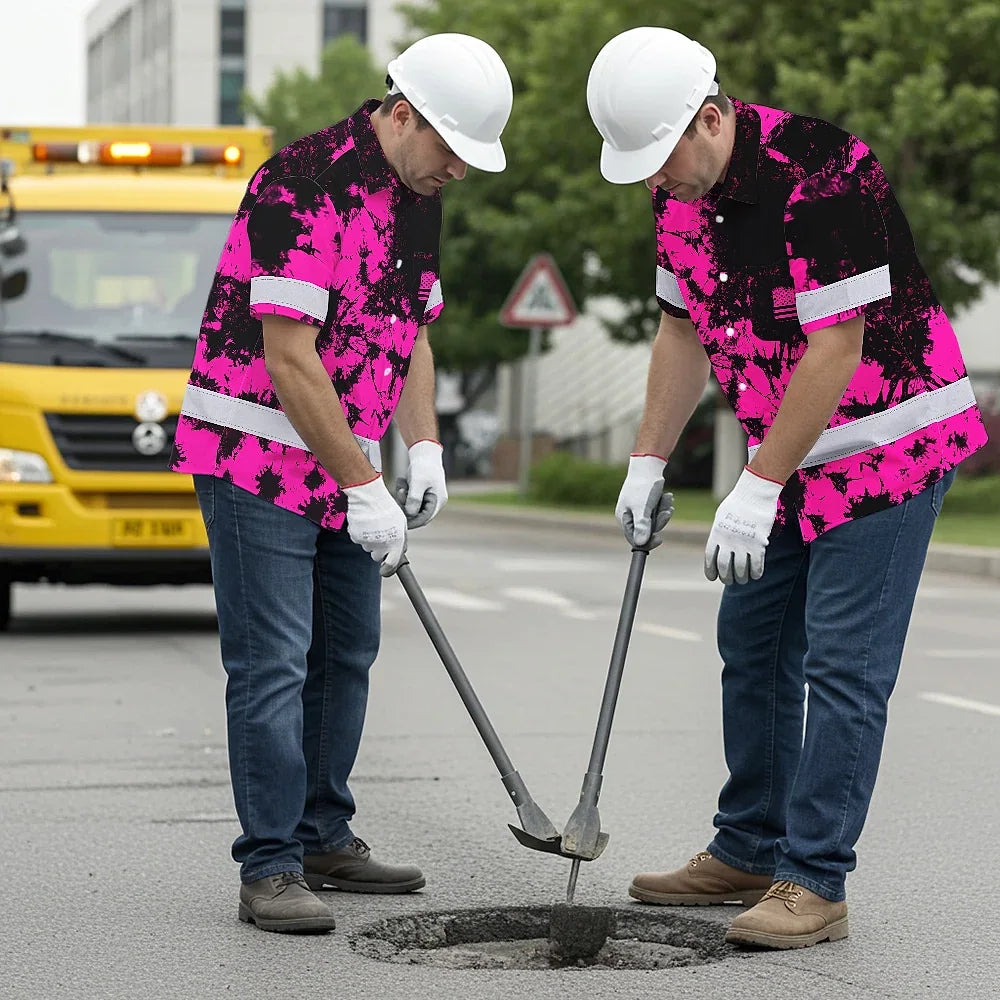 Hi Vis Hawaiian American Flag Shirt, Pink Neon Custom Name Reflective Short Sleeve Button-up Safety Shirt for Workers