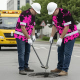 Hi Vis Hawaiian American Flag Shirt, Pink Neon Custom Name Reflective Short Sleeve Button-up Safety Shirt for Workers