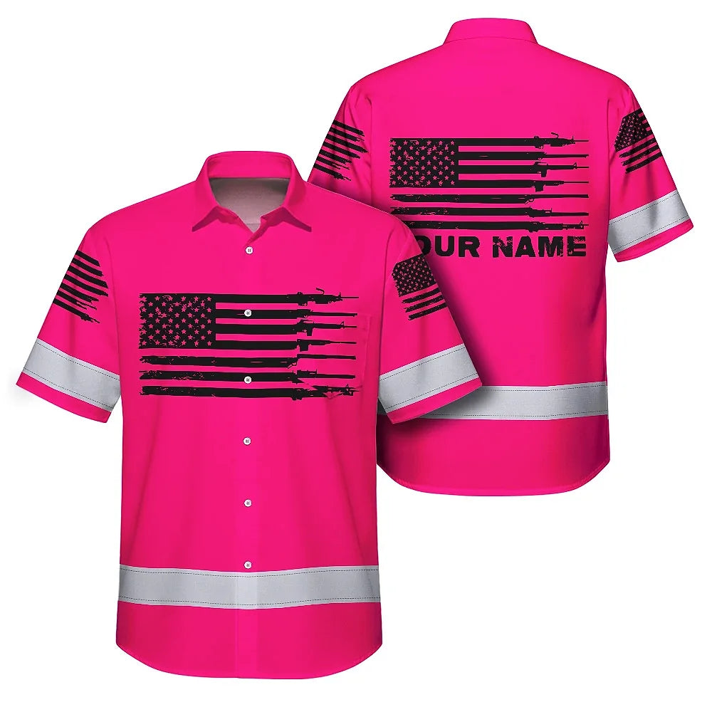Hi Vis Hawaiian American Flag Shirt, Pink Neon Custom Name Reflective Short Sleeve Button-up Safety Shirt for Workers