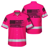 Hi Vis Hawaiian American Flag Shirt, Pink Neon Custom Name Reflective Short Sleeve Button-up Safety Shirt for Workers