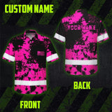 Hi Vis Hawaiian American Flag Shirt, Pink Neon Custom Name Reflective Short Sleeve Button-up Safety Shirt for Workers