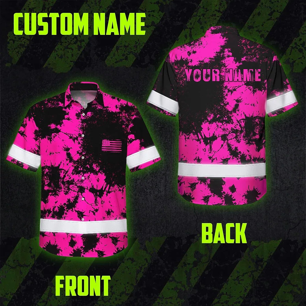 Hi Vis Hawaiian American Flag Shirt, Pink Neon Custom Name Reflective Short Sleeve Button-up Safety Shirt for Workers