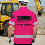 Hi Vis Hawaiian American Flag Shirt, Pink Neon Custom Name Reflective Short Sleeve Button-up Safety Shirt for Workers