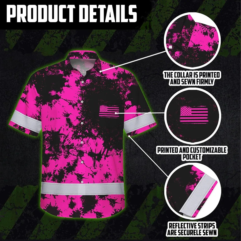 Hi Vis Hawaiian American Flag Shirt, Pink Neon Custom Name Reflective Short Sleeve Button-up Safety Shirt for Workers