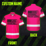 Hi Vis Hawaiian American Flag Shirt, Pink Neon Custom Name Reflective Short Sleeve Button-up Safety Shirt for Workers