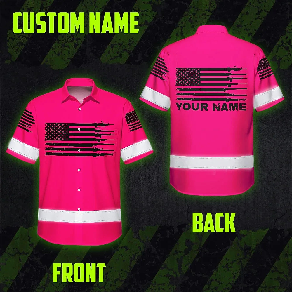 Hi Vis Hawaiian American Flag Shirt, Pink Neon Custom Name Reflective Short Sleeve Button-up Safety Shirt for Workers