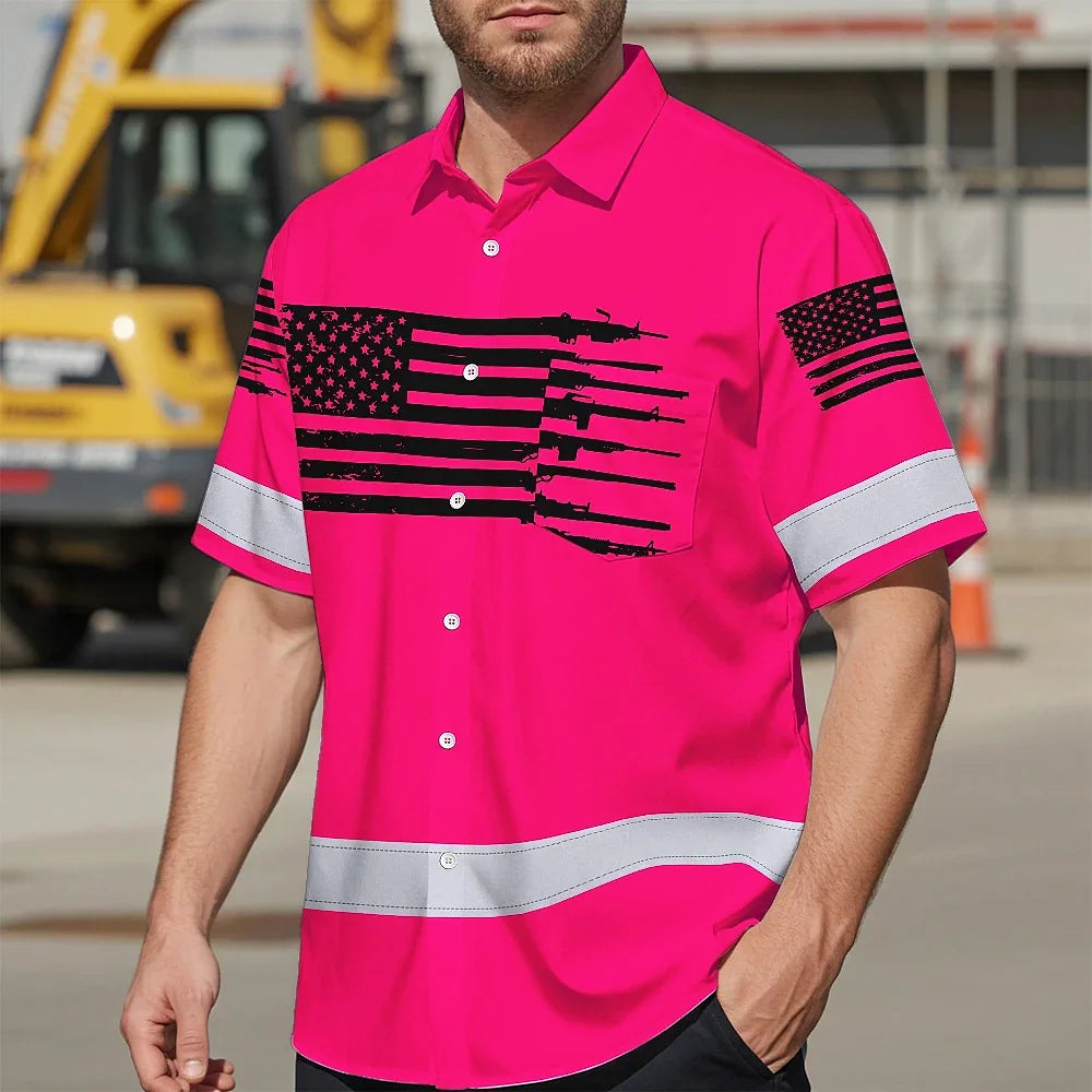 Hi Vis Hawaiian American Flag Shirt, Pink Neon Custom Name Reflective Short Sleeve Button-up Safety Shirt for Workers