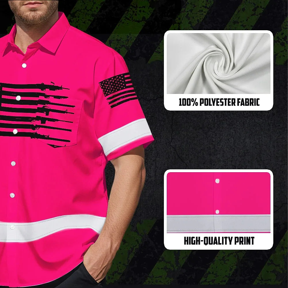 Hi Vis Hawaiian American Flag Shirt, Pink Neon Custom Name Reflective Short Sleeve Button-up Safety Shirt for Workers